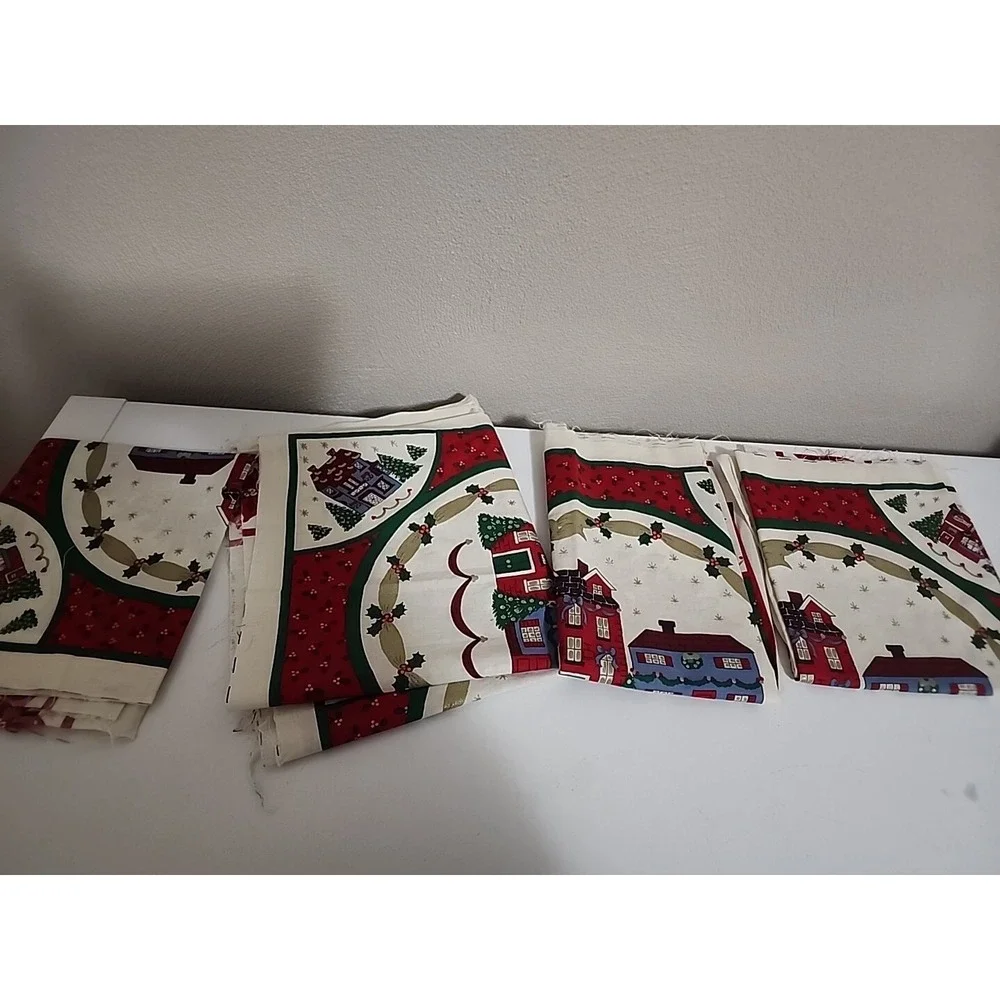 4 Weilwood Christmas Fabric Panel Poinsettias‎ Houses Village Lot Vtg Pillow